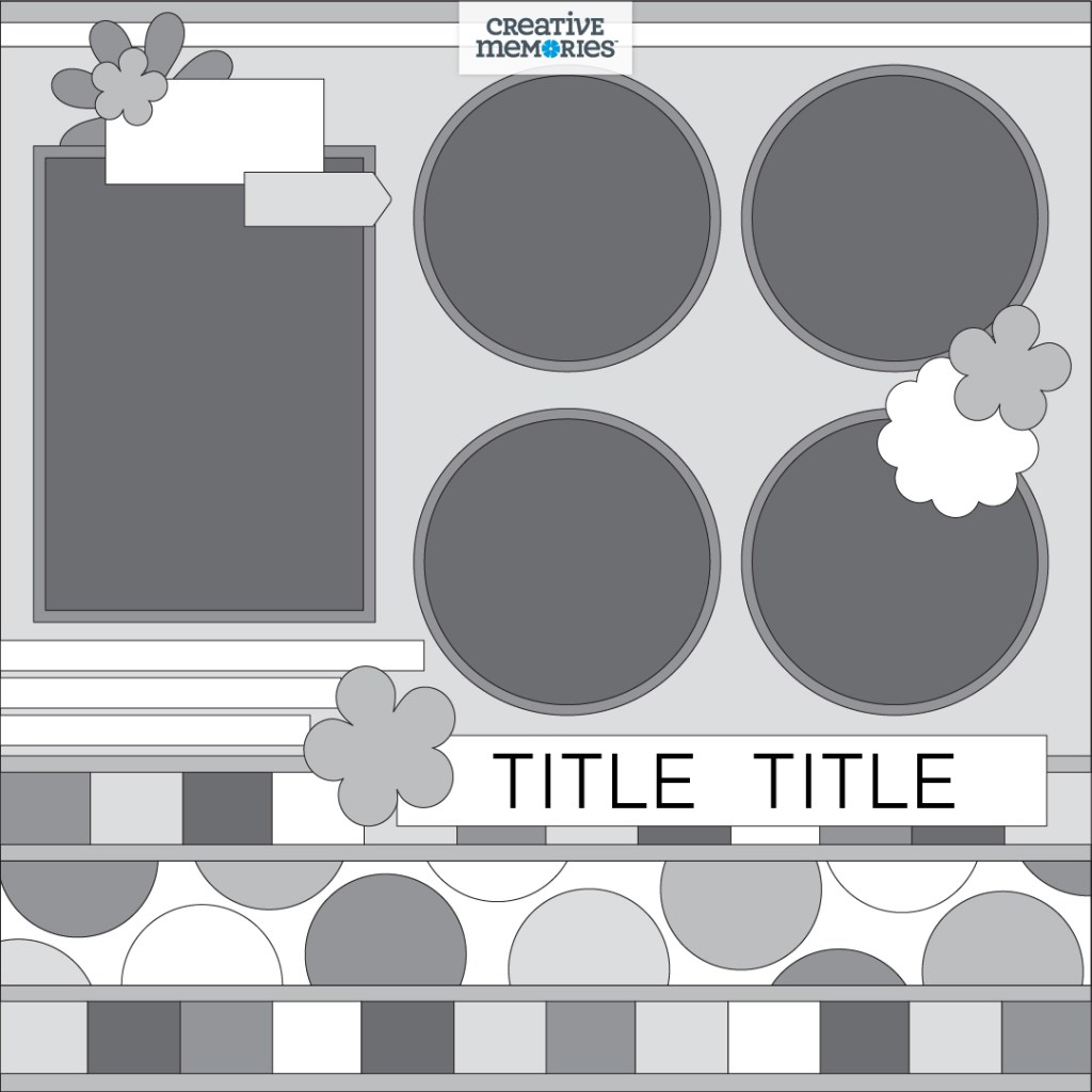 Gray tonal sketch with five photo placeholders, decorative border at the bottom of the page, title and embellishments.