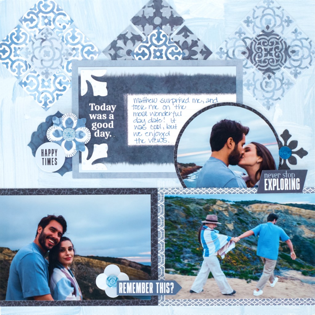 Blue scrapbook layout with three photos of a couple on a date in the mountains, journaling and embellishments.