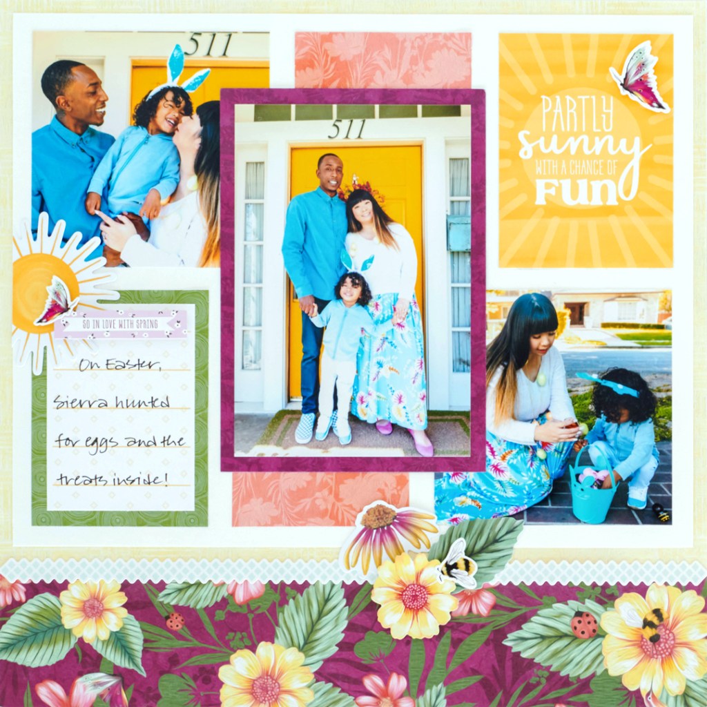 Spring themed scrapbooking layout with three photos of a family during Easter, journaling and stickers.