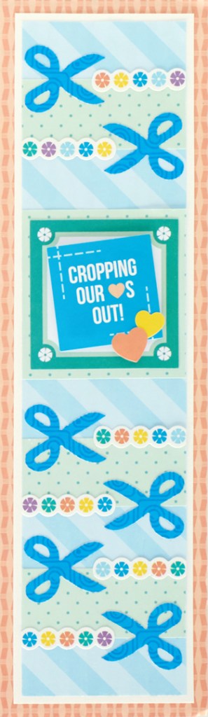 Scrapbooking themed vertical scrapbook border with stickers and scissor punch outs.
