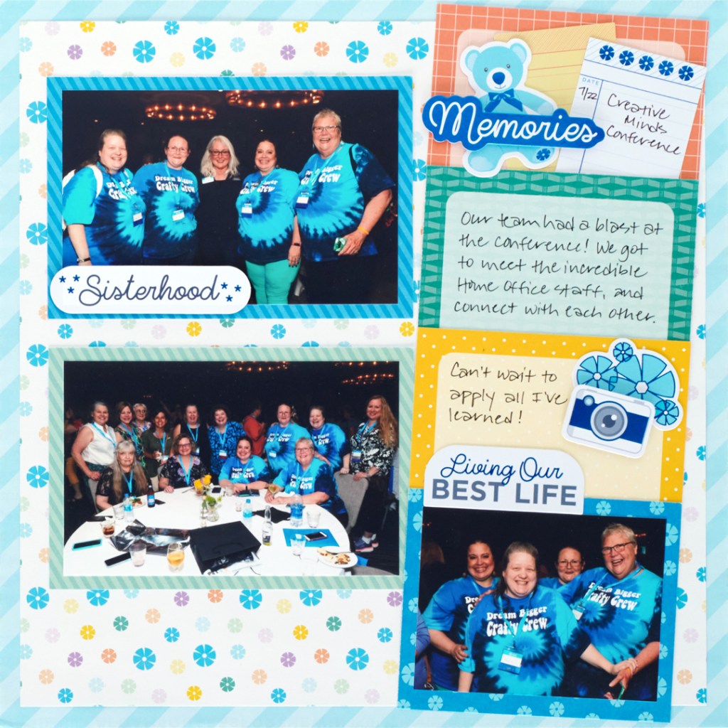 Creative Memories themed scrapbooking layout with three photos from a scrapbooking event, stacked journaling mats and embellishments.