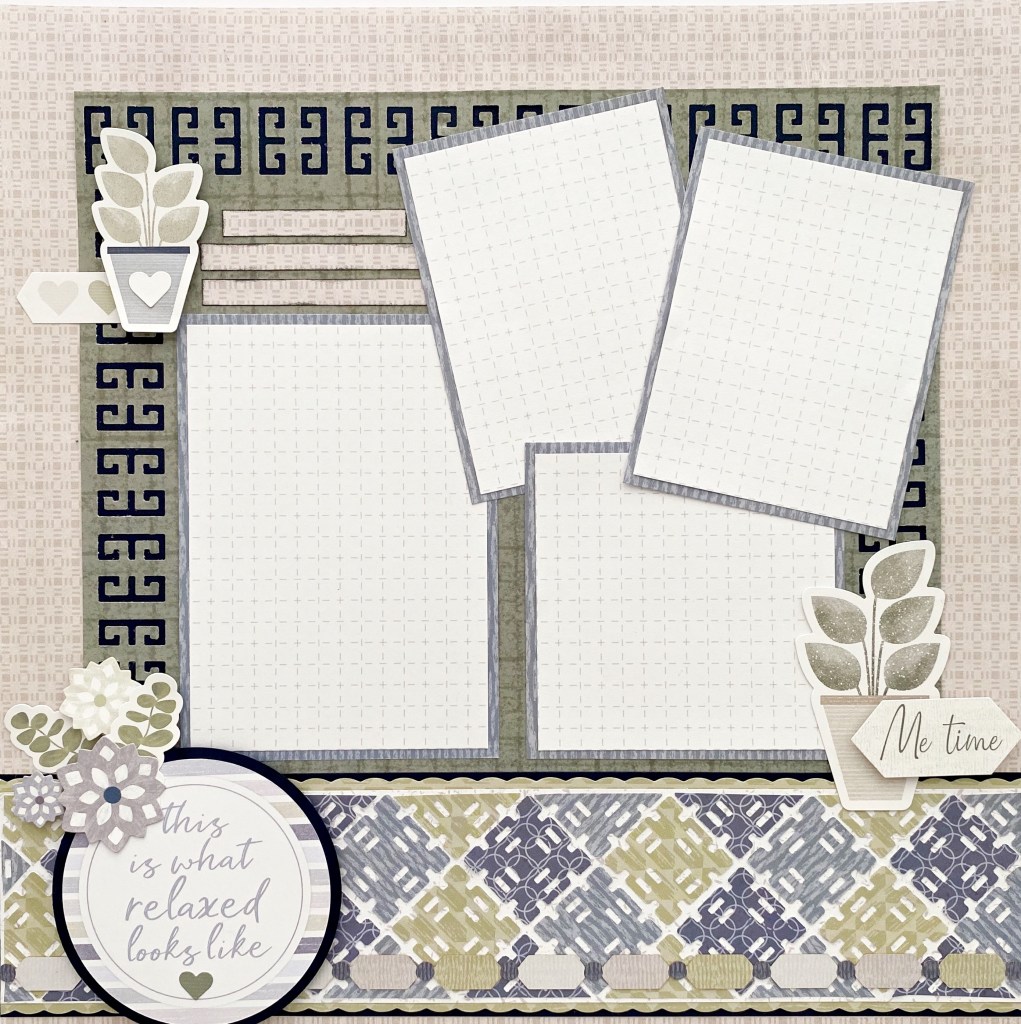 Self-care themed scrapbook layout with four photo placeholders, decorative border and stickers.