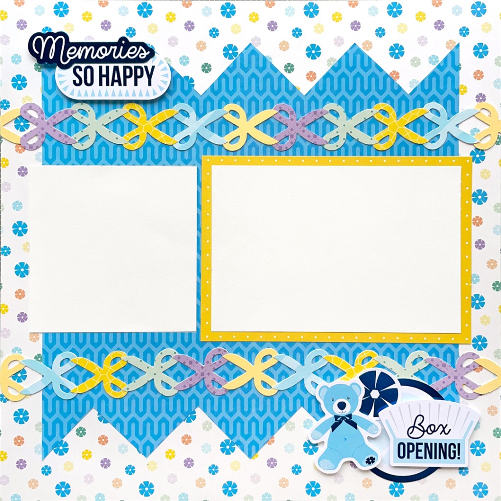 Creative Memories themed scrapbooking layout idea with a scissors punch decorative border, layered embellishments and 2 photo placeholders.