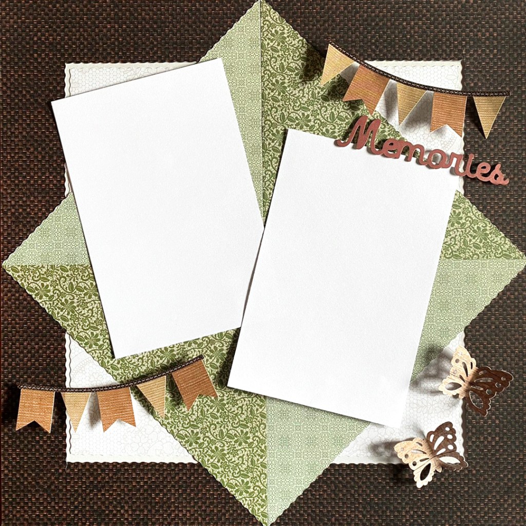 One-page scrapbook layout with photo placeholders for two photos, flag banners and butterfly embellishments.