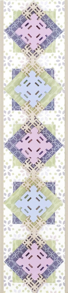 Vertical scrapbook border with decorative punch-out squares in a colorful array of purple, blue and green.