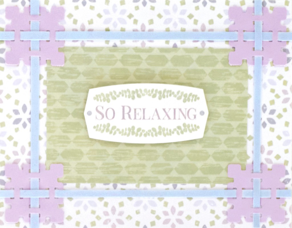 Tranquil-themed card idea with a title sticker and decorative punch-outs in the corners.