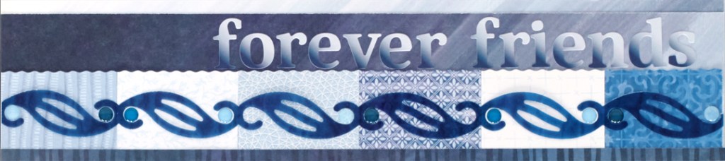 Blue-themed scrapbook border with different shades and designs of blue paper and a title.