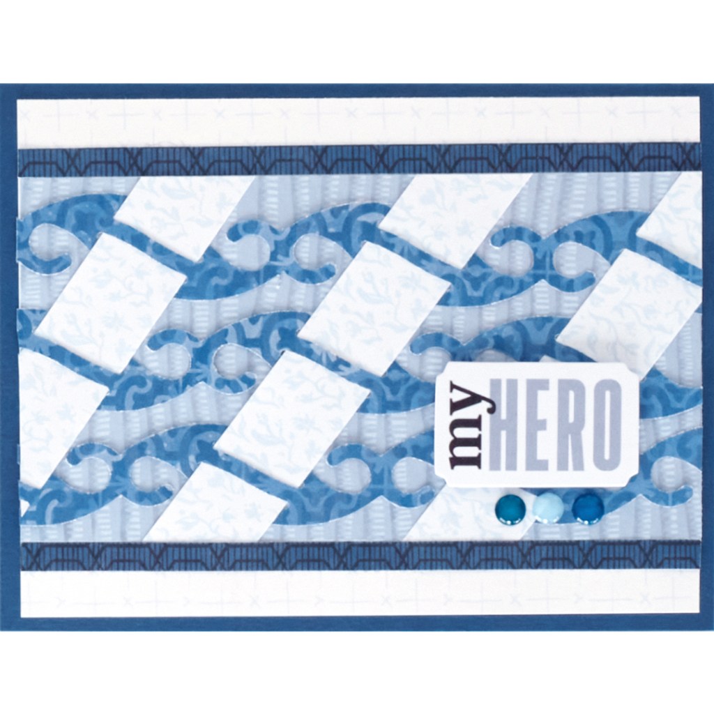DIY card idea using blue paper and a title sticker that reads, my hero.