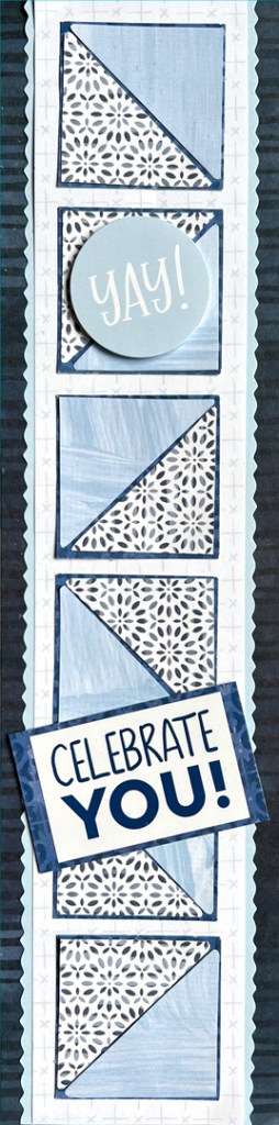 Blue-themed vertical scrapbooking border with a "celebrate you" sticker.