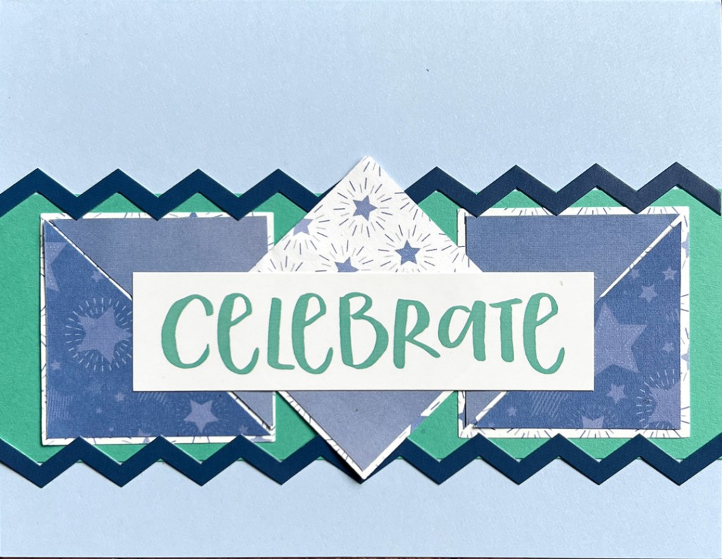 Celebratory card in a blue and aqua palette.