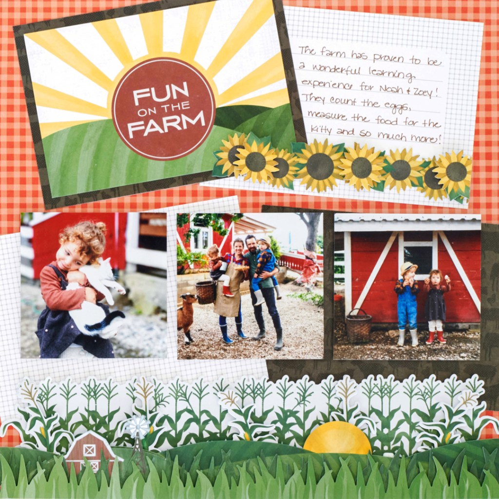 Farm-themed scrapbooking layout with three photos of children on the farm, layered border embellishments and journaling.