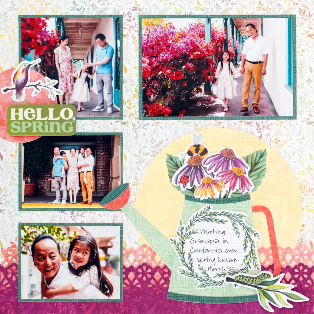 Spring-themed scrapbook layout with four photos of a family, a decorative paper and embellishment watering can, journaling and floral border.