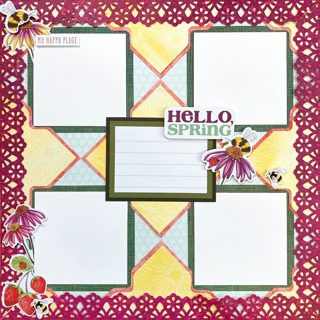 Spring-themed scrapbook layout with four photo placeholders, journaling space, stickers and embellishments.