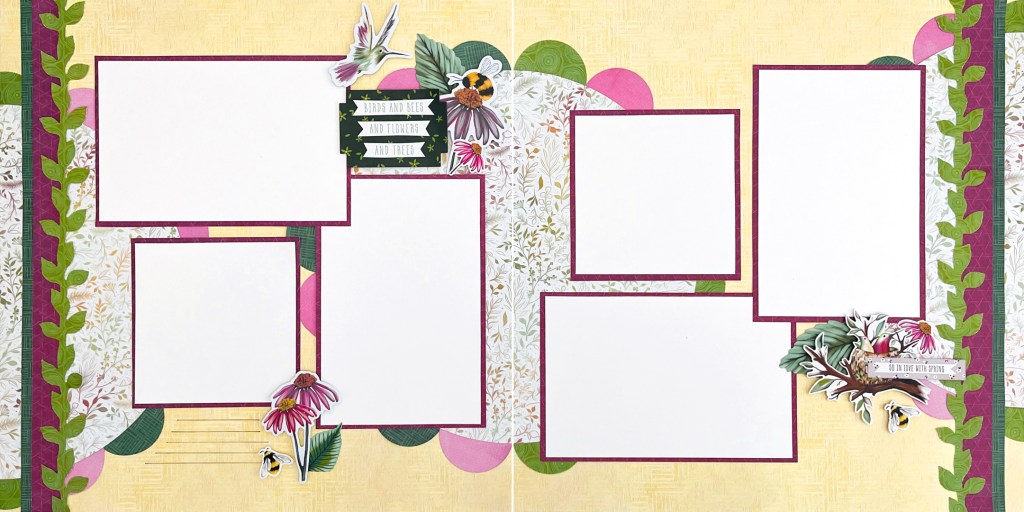 Spring-themed two-page scrapbooking spread with six photo placeholders, decorative borders on the outside edges of the pages, flower layered embellishments and journaling.