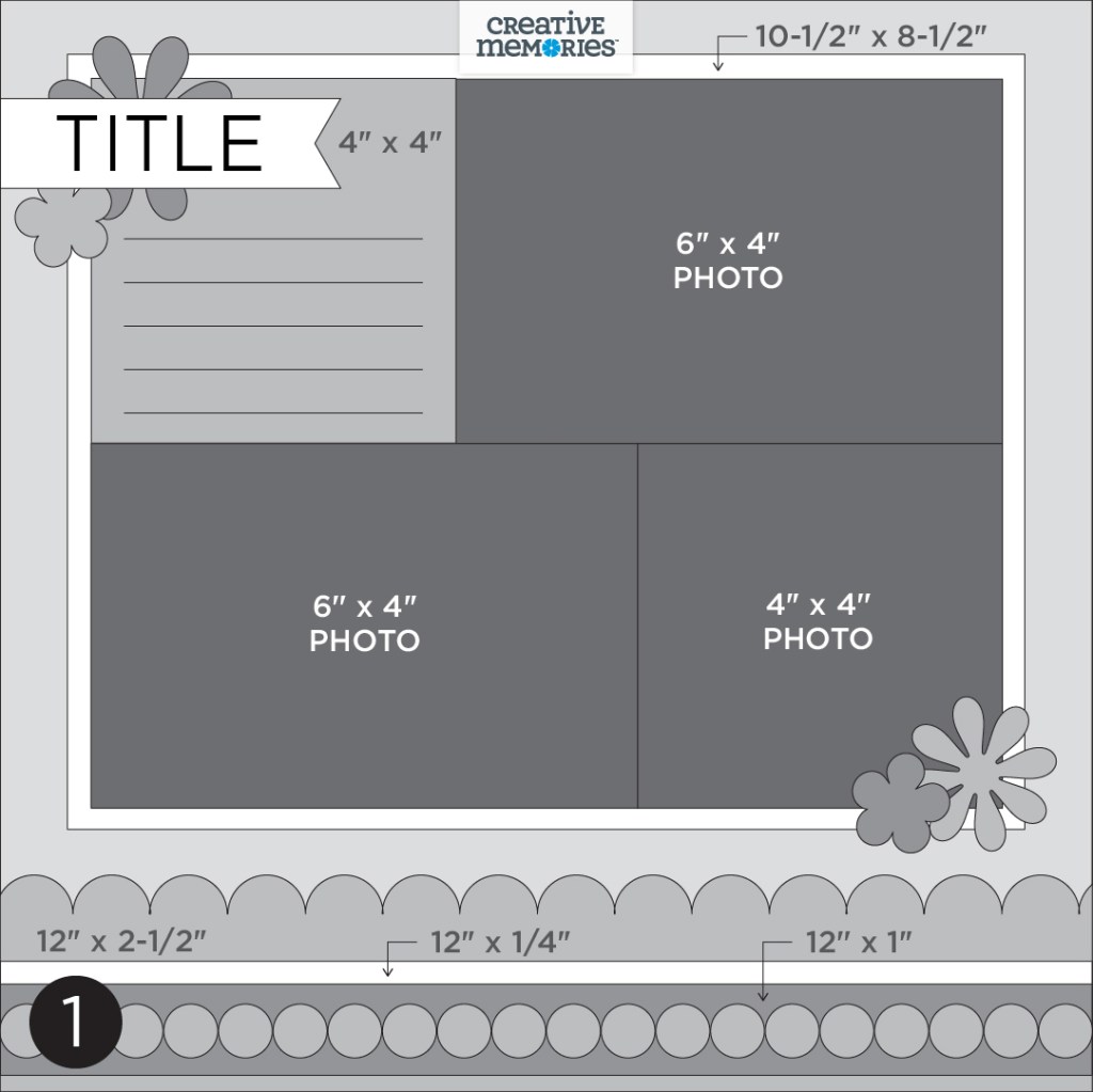 Gray tonal sketch with three photo placeholders, a decorative border at the bottom of the page, journaling, title and embellishments.