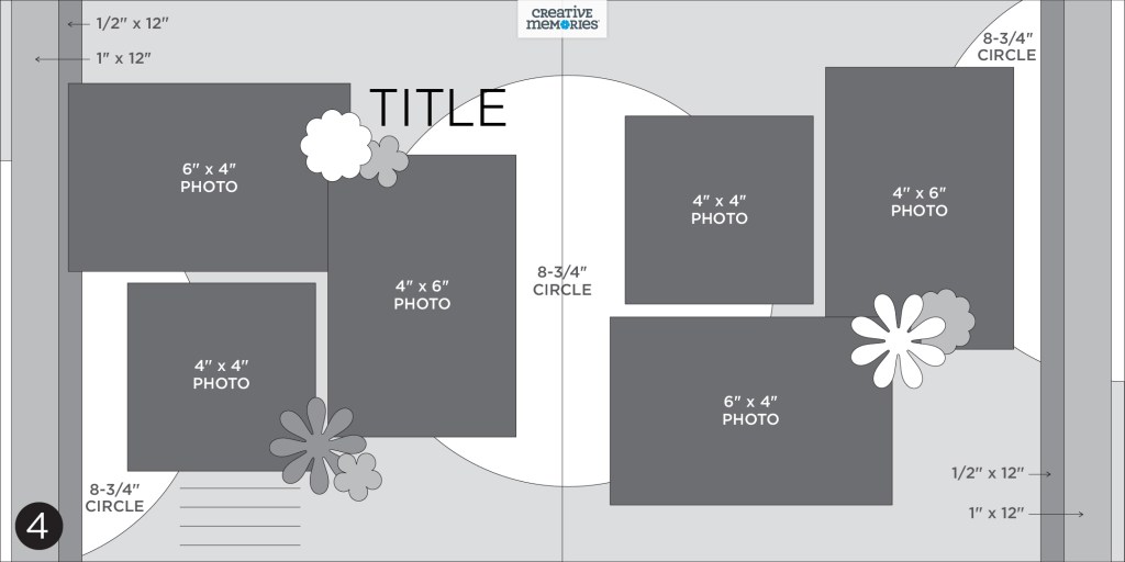 Two-page gray tonal sketch with six photo placeholders, circle-shaped paper in the background, vertical borders on the outside edges of the pages and embellishments.