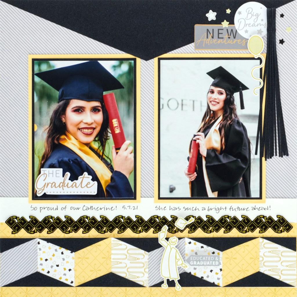 Graduation themed layout with two photos of a graduate, paper graduation cap design at the top of the page, decorative border and stickers.