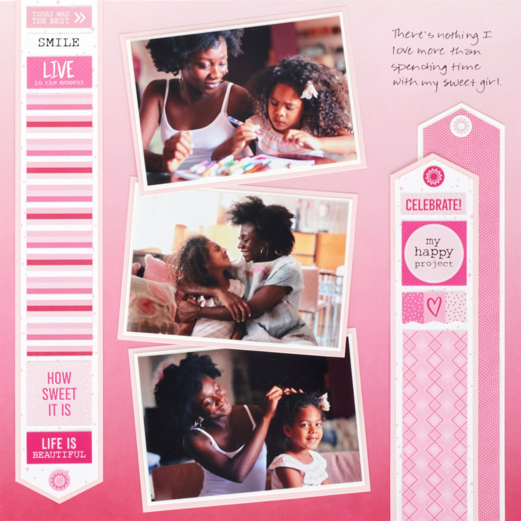 Pink-themed scrapbook layout with three photos of a mom and daughter and pink stickers.