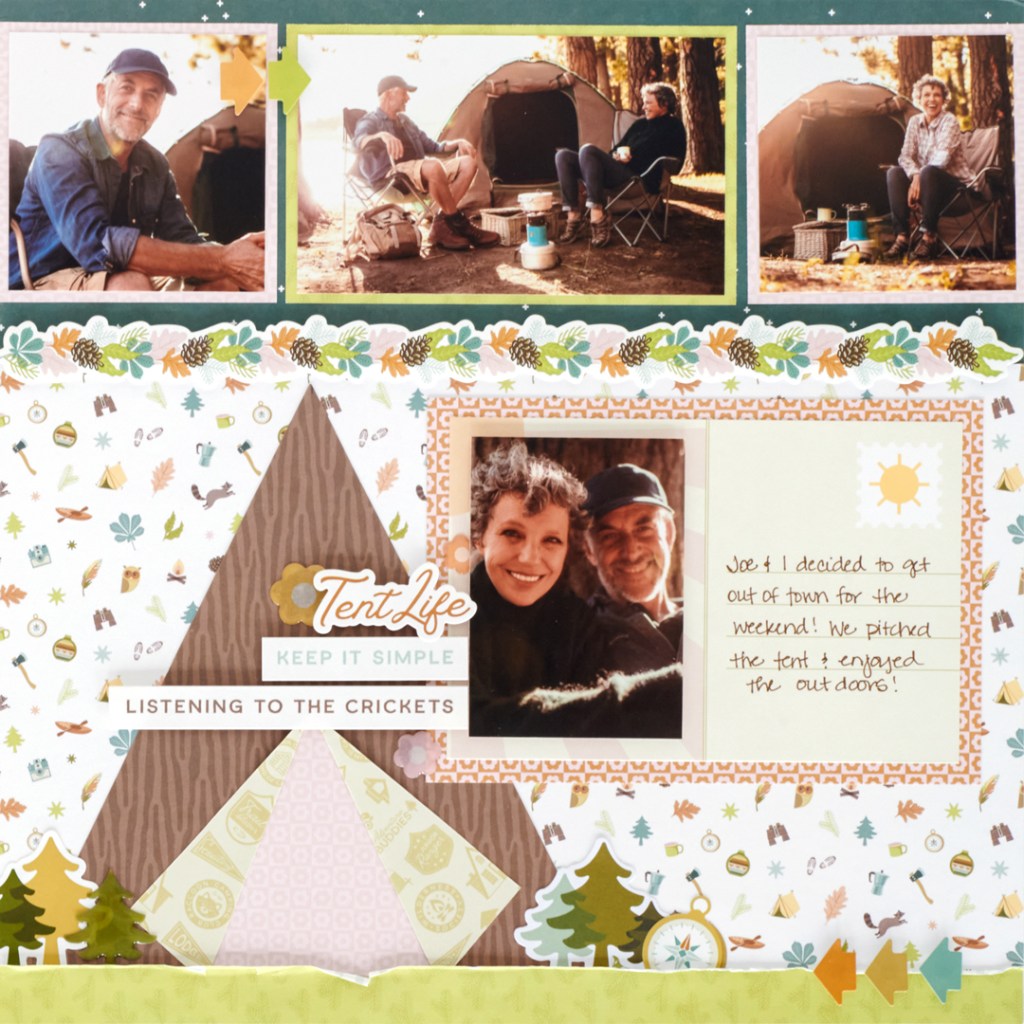 Camping-themed scrapbook layout with four photos of a couple tenting in the woods, journaling, a paper tent and stickers.