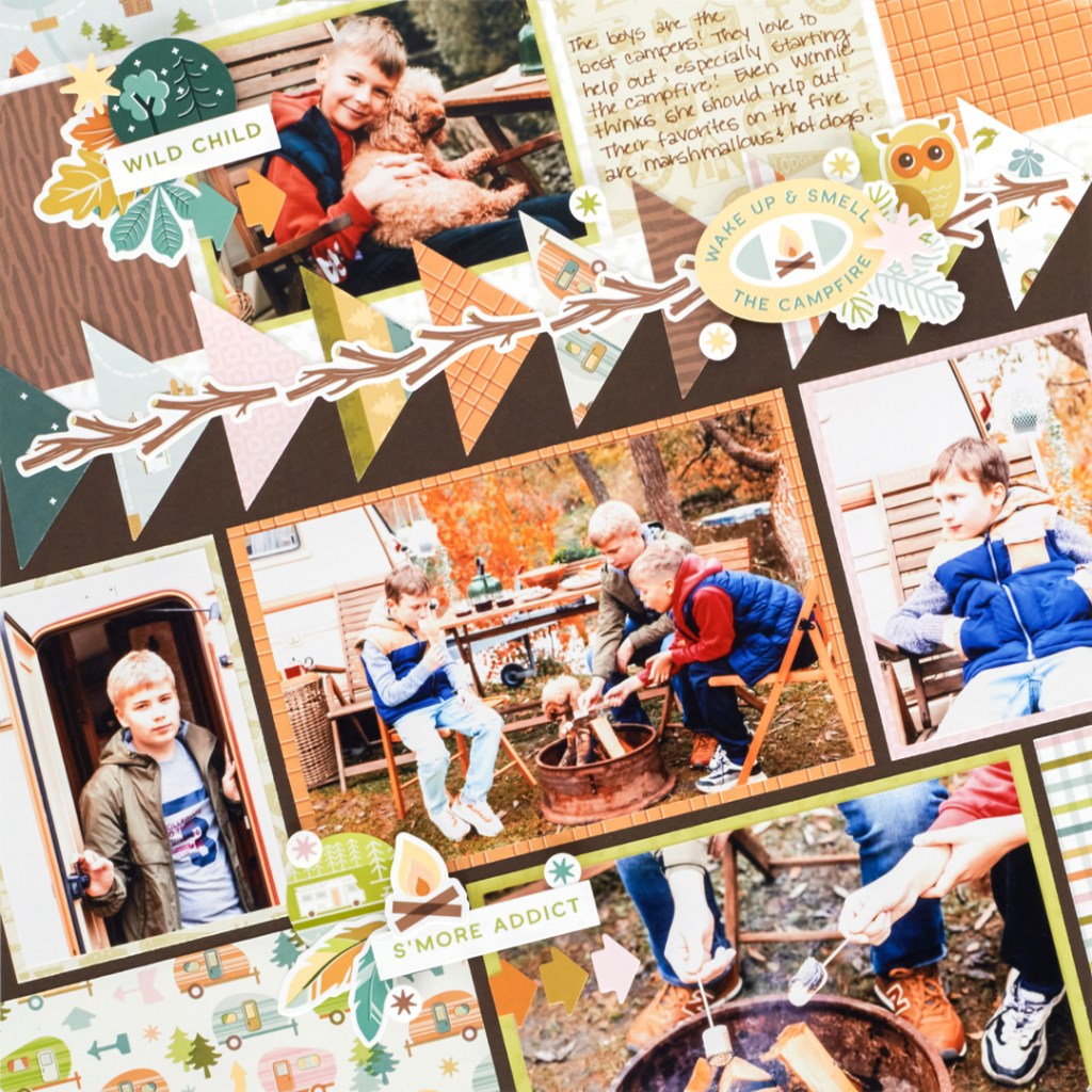 Camping-themed scrapbook layout with five photos, decorative paper triangles, journaling and layered stickers.
