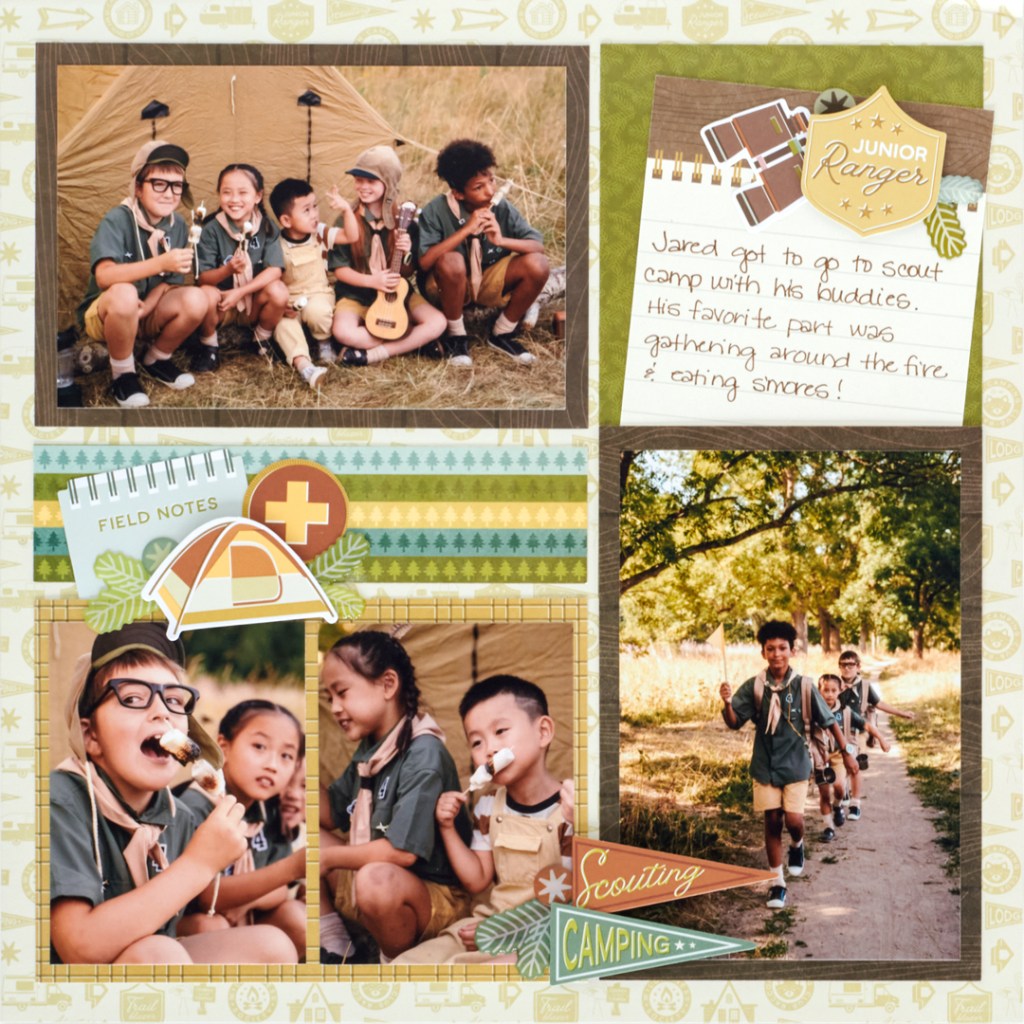 Scout-themed scrapbooking layout with four photos of kids at scout camp, embellishments and journaling.