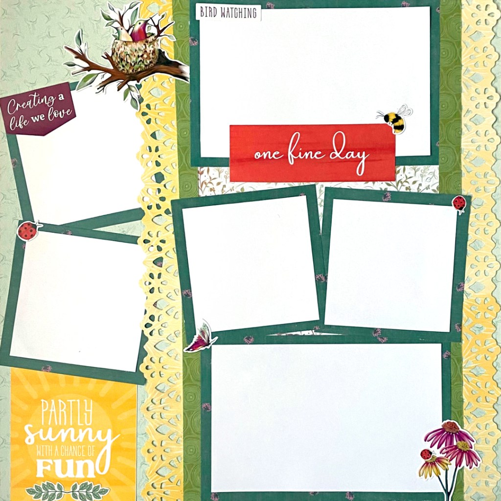 Spring-themed one-page layout with six photo placeholders, stickers and a decorative floral border.