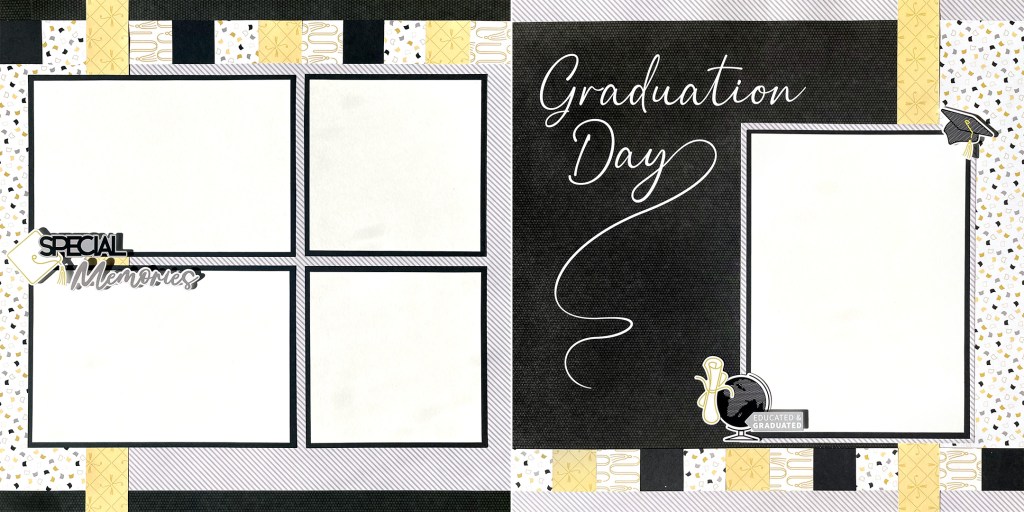Two-page graduation themed layout with five photo placeholders, criss-cross borders in the corner edges of each page and stickers.