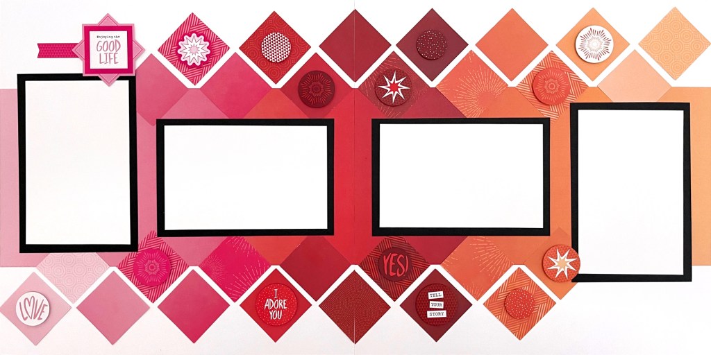Two-page spread using pink, red and orange paper from the Totally Tonals collection, with a square punch background in an ombré arrangement, four photo placeholders and stickers.