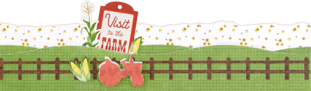 Farm-themed scrapbooking border with rolling hills and layered stickers.