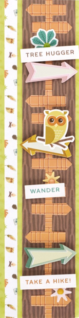 Vertical camping-themed scrapbook border with trail sign punch cutouts and stacked stickers.