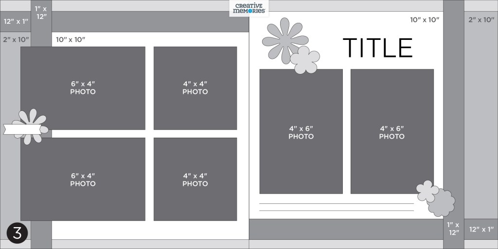 Two-page gray tonal sketch with six photo placeholders, criss-crossing border strips on the outside corner edges of each page, a title, journaling and embellishments.