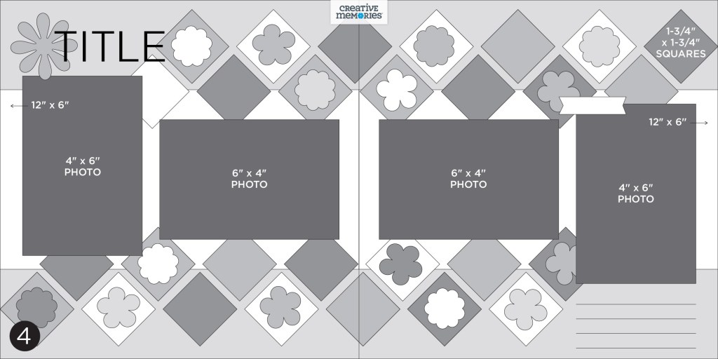 Two-page gray tonal sketch with four photo placeholders, a large title, journaling box and decorative square tile background.
