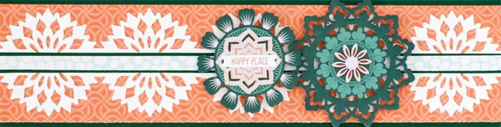 Boho-themed scrapbook border with mandala punch cutouts and layered embellishments.