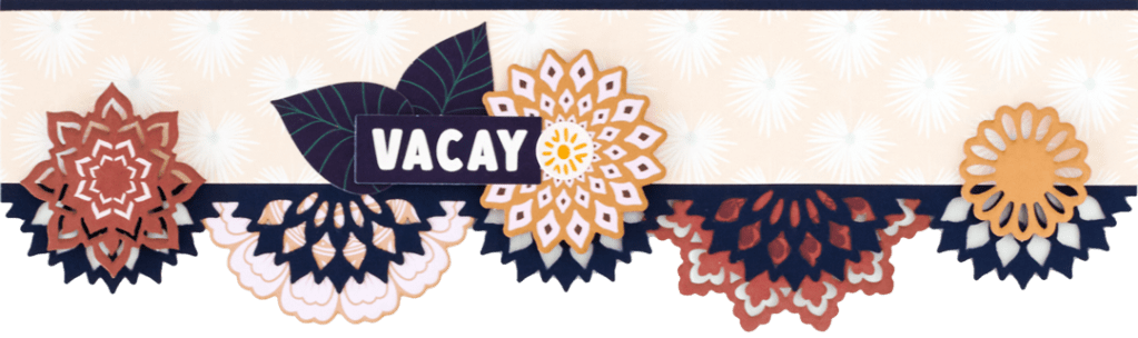 Boho-themed scrapbook border with mandala punch cutouts and layered embellishments.