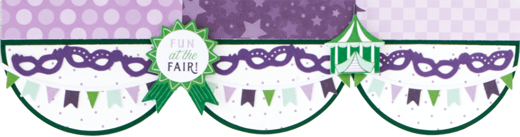 Carnival-themed scrapbook border with flag, ribbon and tent stickers and a masquerade border.
