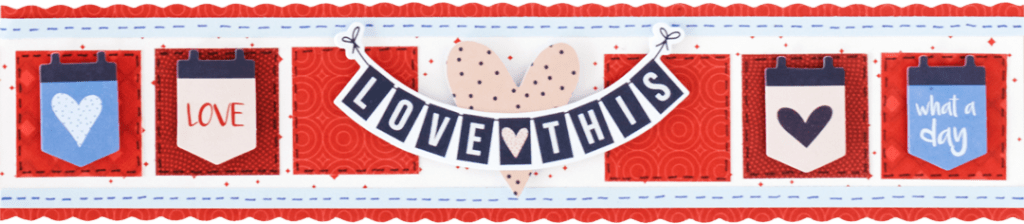 Heart-themed scrapbook border with banner and heart stickers.