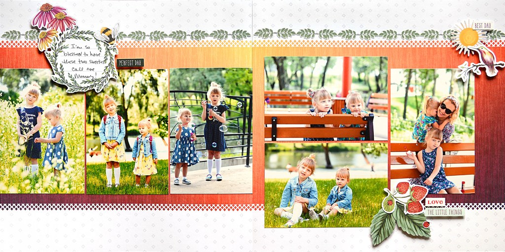 Two-page spread with orange and purple gradient papers, stickers, embellishments and six photos of young girls and their mom at a park.