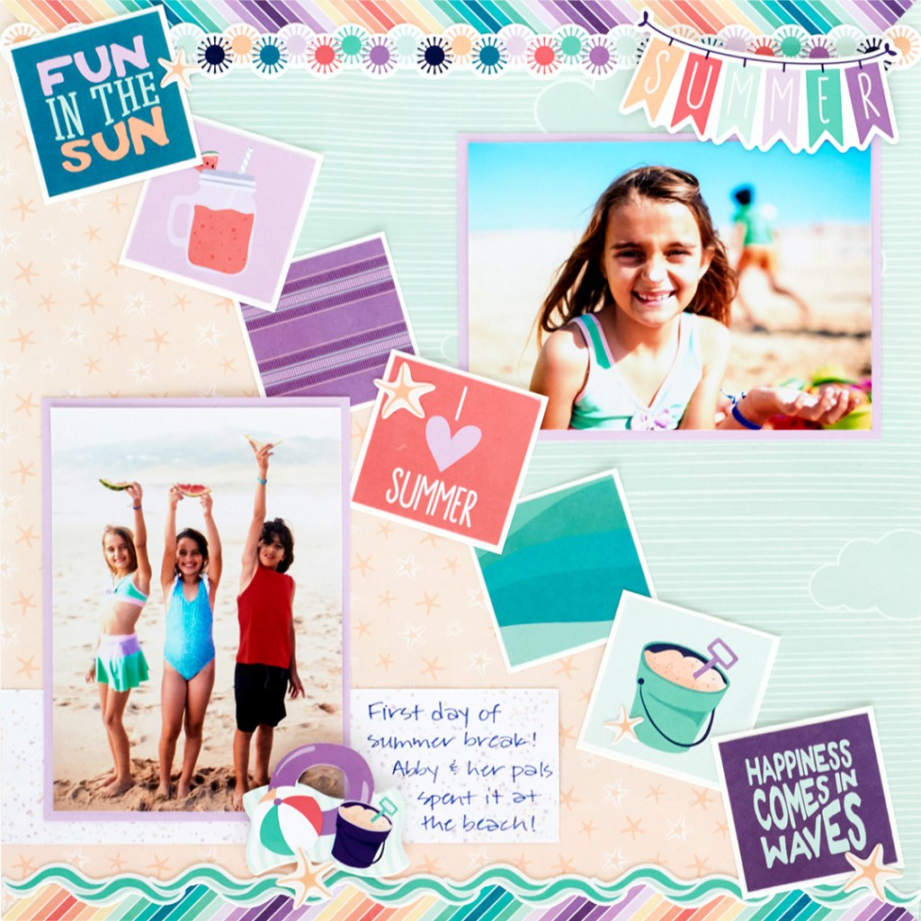 Summer-themed layout idea with overlapping decorative square mats, two photos of kids at the beach, journaling and stickers.