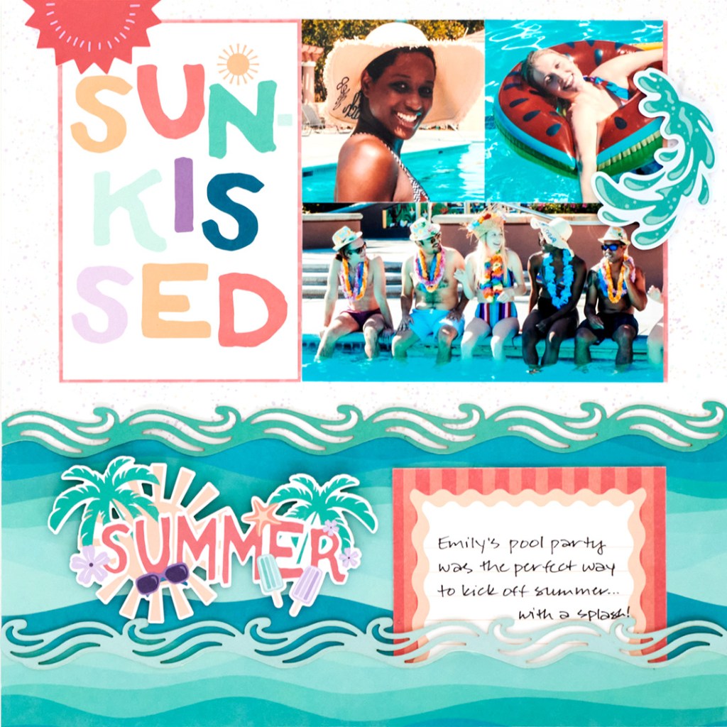 Summer-themed scrapbook layout with three photos of friends at a pool, mats with journaling, laser borders and embellishments.