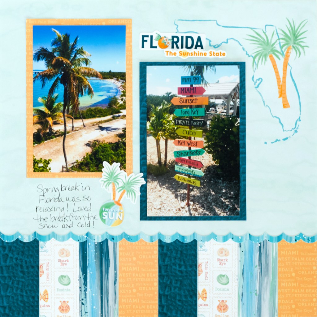 Florida-themed scrapbook layout with a decorative border and two photos.