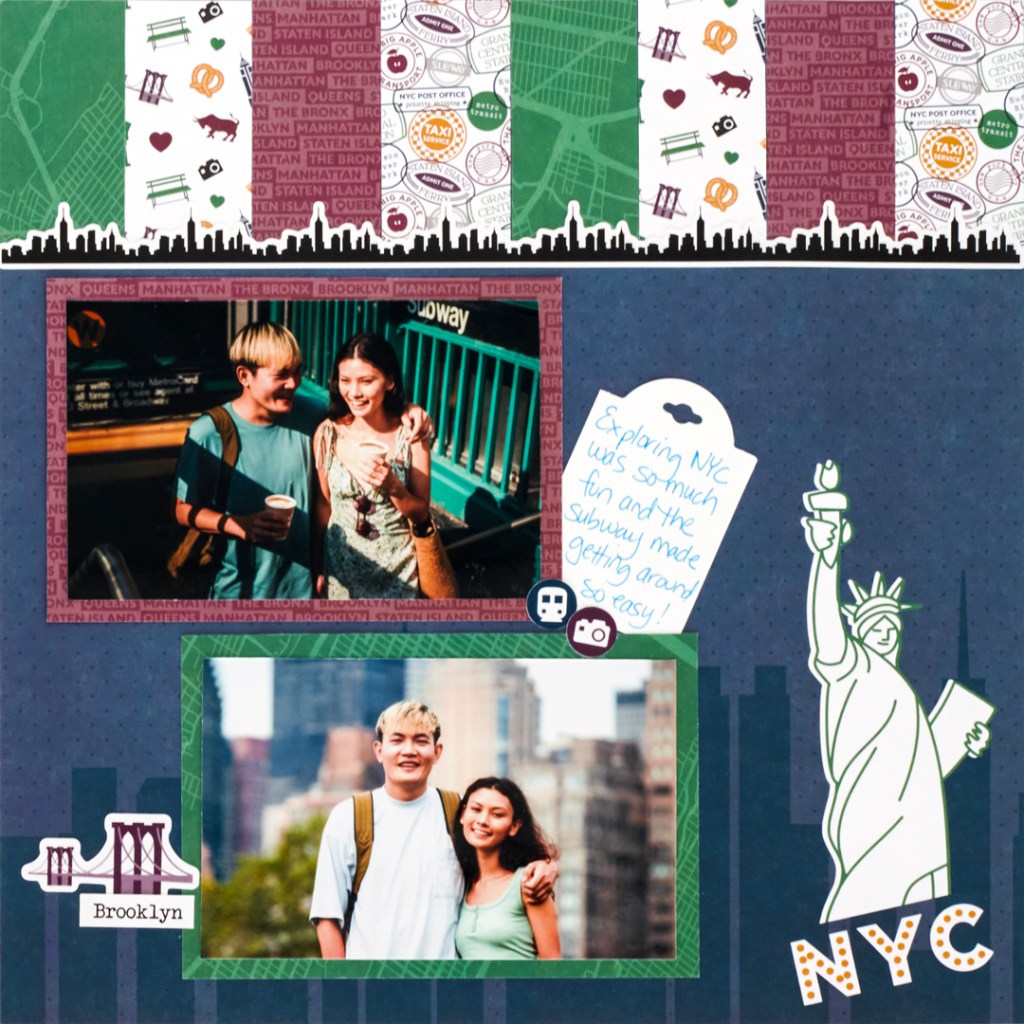 New York City-themed scrapbooking layout with a decorative border, stickers, journaling and two photos.