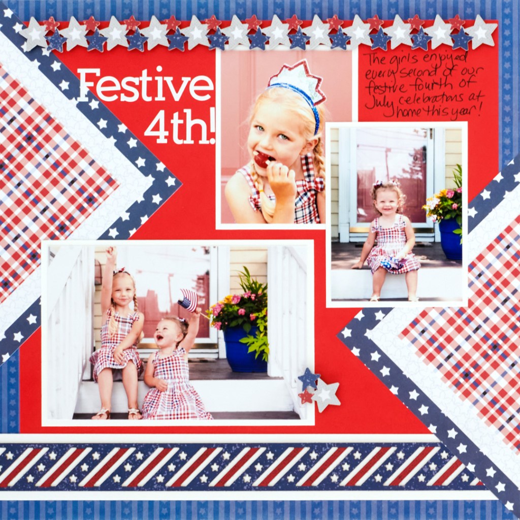 USA-themed scrapbook layout with three photos of young girls celebrating Independence Day, decorative borders and journaling.