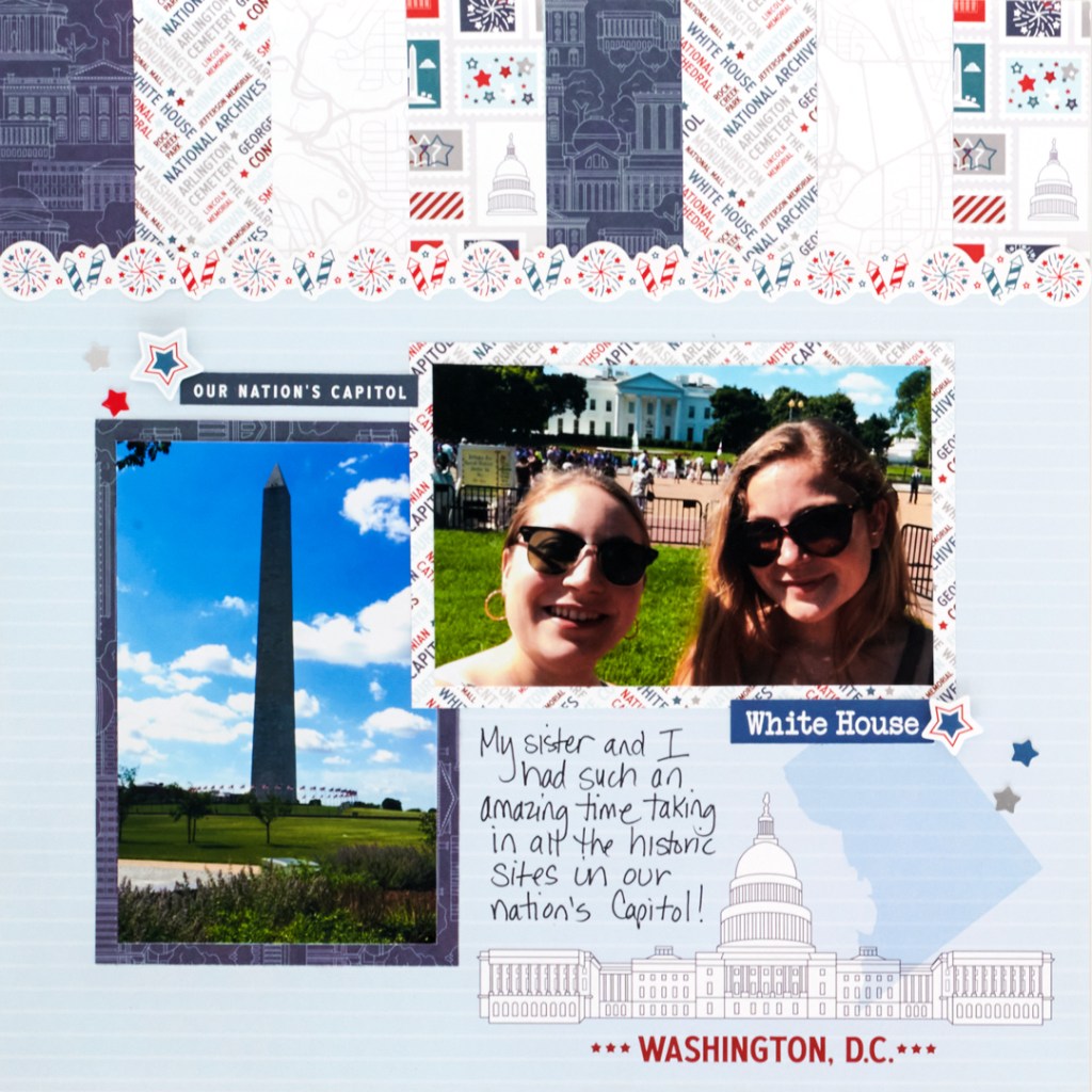 Washington, D.C.-themed scrapbooking layout with a decorative border, stickers, journaling and two photos.