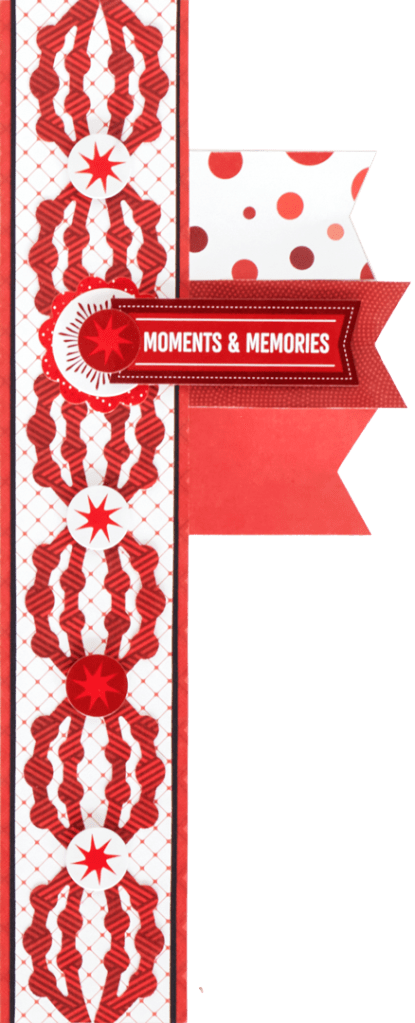 Vertical scrapbook border with red paper, banners, a decorative border design and stickers.