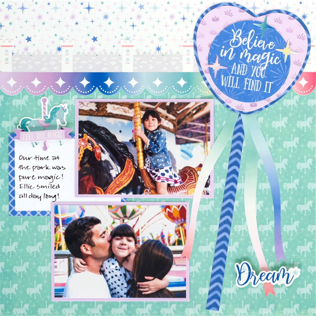 Princess-themed scrapbook layout with two photos of a young girl at a carnival, decorative paper want and stickers.