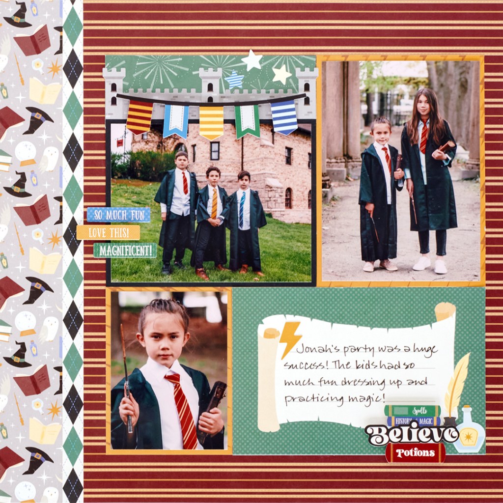 Wizard-themed scrapbooking layout with three photos of kids dressed up as wizards, journaling and stickers.