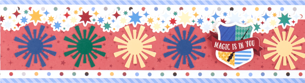 Red, blue and yellow scrapbooking border with firework punch cutouts, star border stickers and a title sticker.