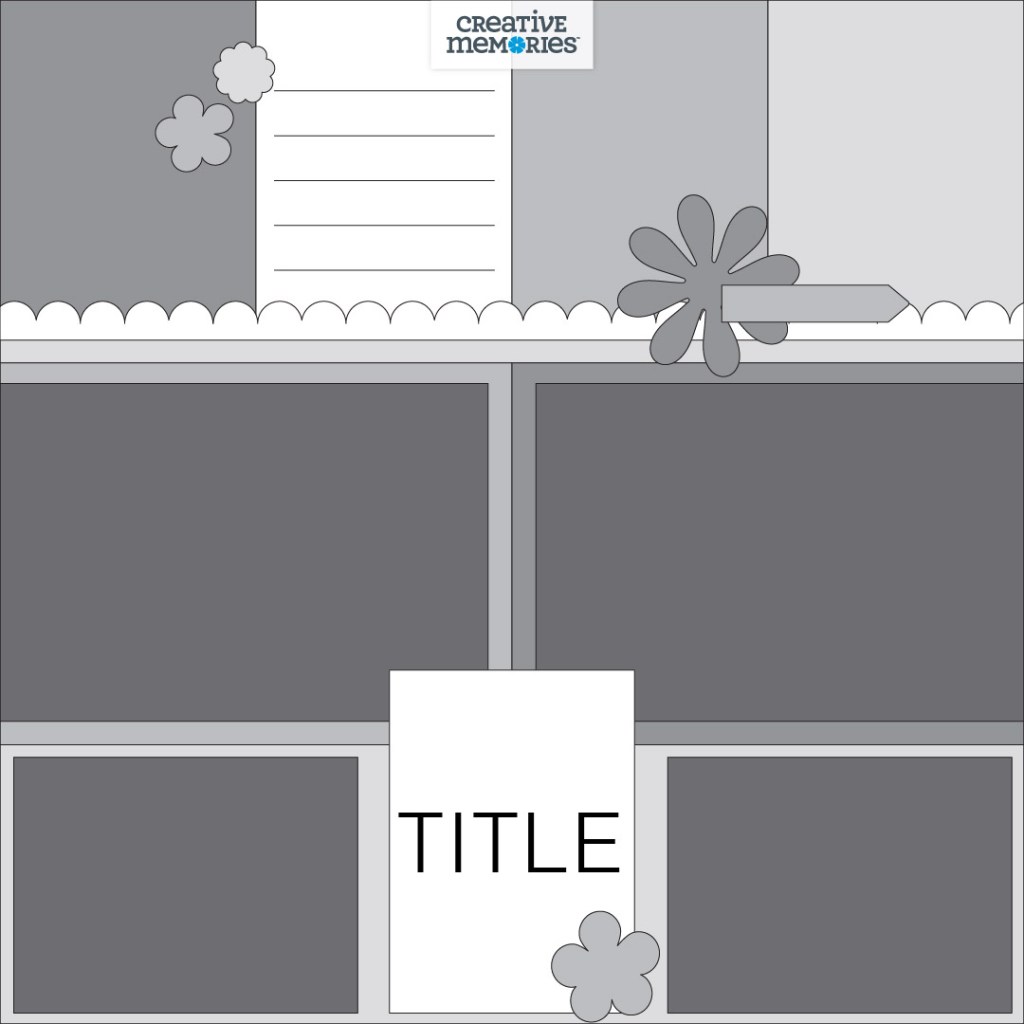 Gray tonal one-page sketch with four photos, decorative mats, journaling box and title.