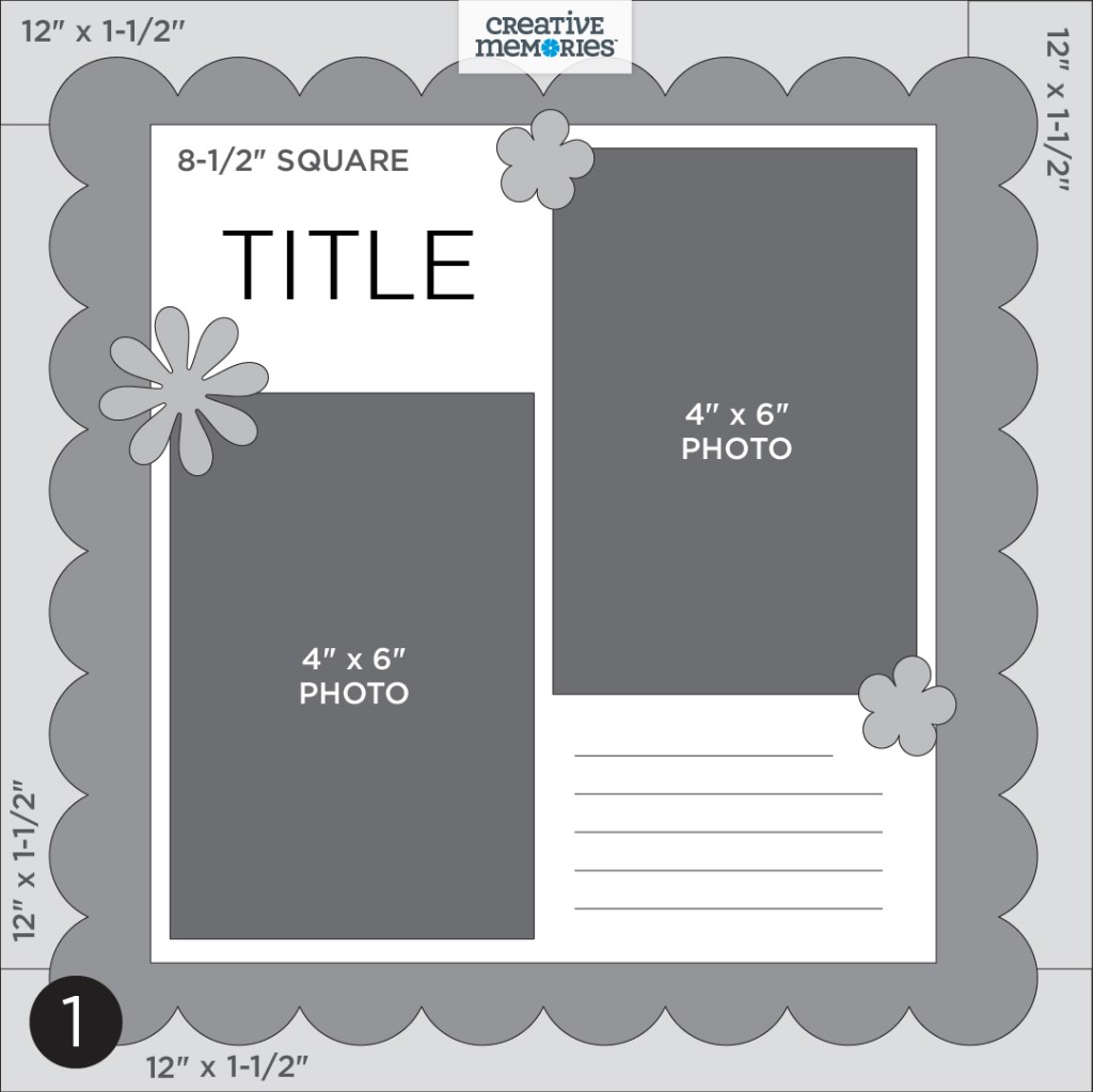 Tonal gray one-page sketch with two photo placeholders, decorative frame border, journaling and embellishments.