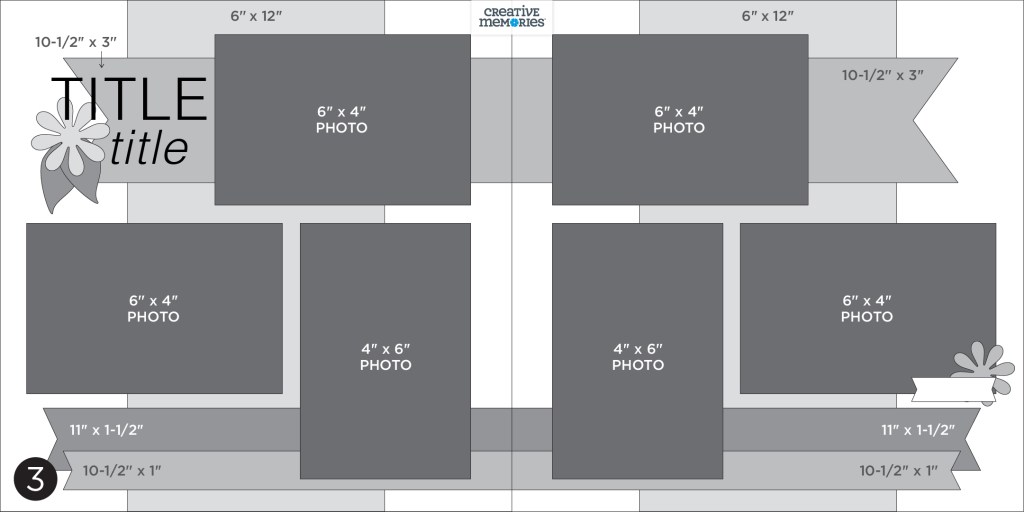 Two-page gray tonal sketch with six photo placeholders, large banners, journaling, a title and embellishments.
